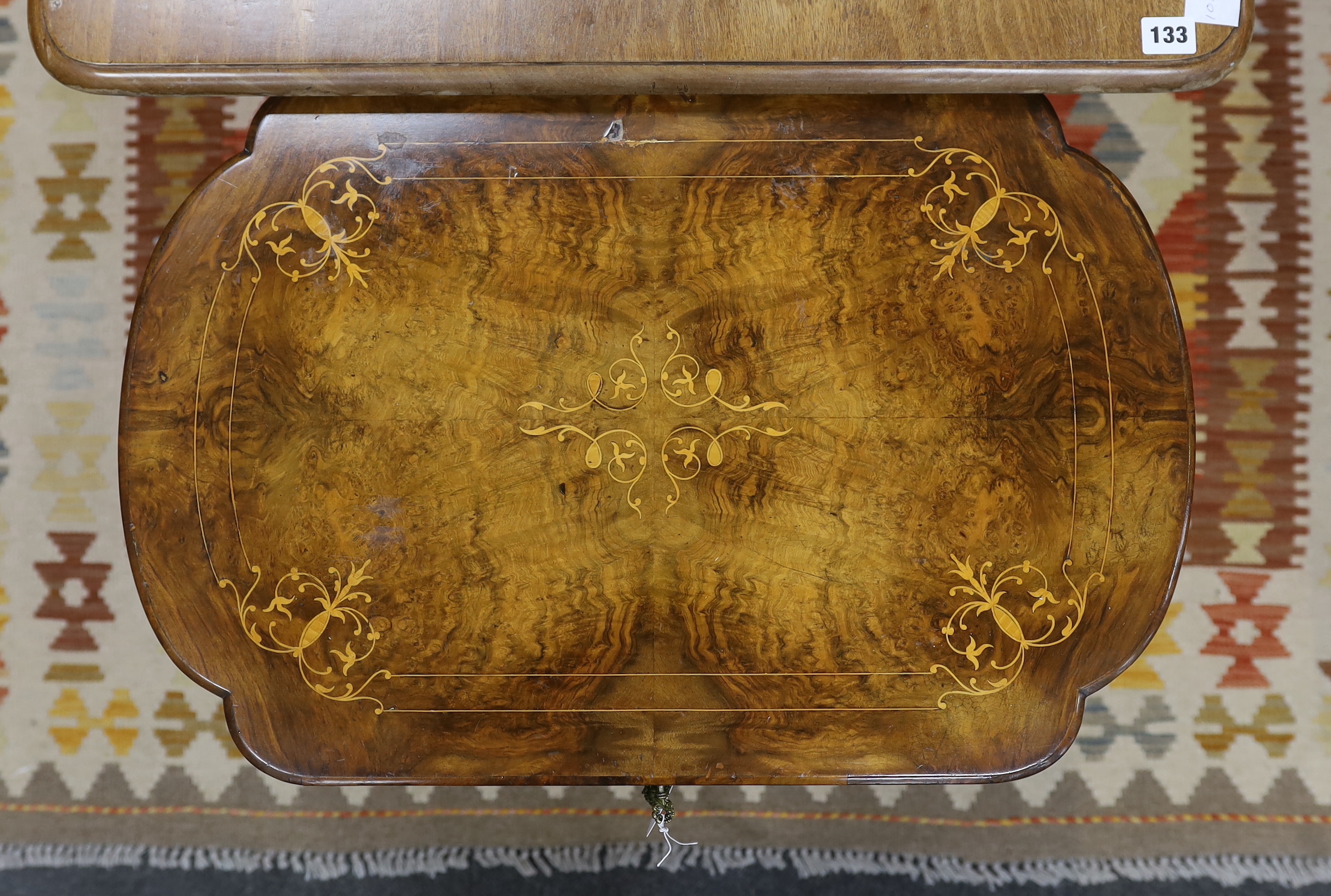 A Victorian marquetry inlaid figured walnut writing / work table, width 63cm, depth 42cm, height 72cm